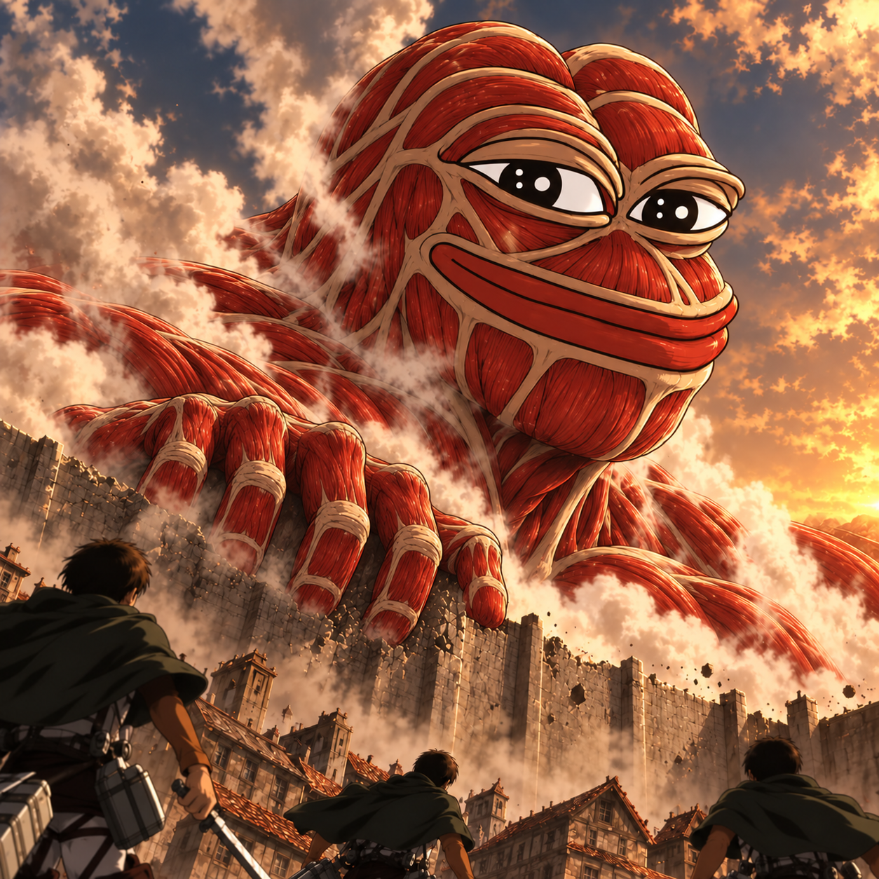 Colossal Pepe emerges above the ruined wall